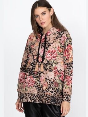 JOHNNY WAS Lovely Hoodie Vintage Rose Floral Leopard Print Size XL Tassels